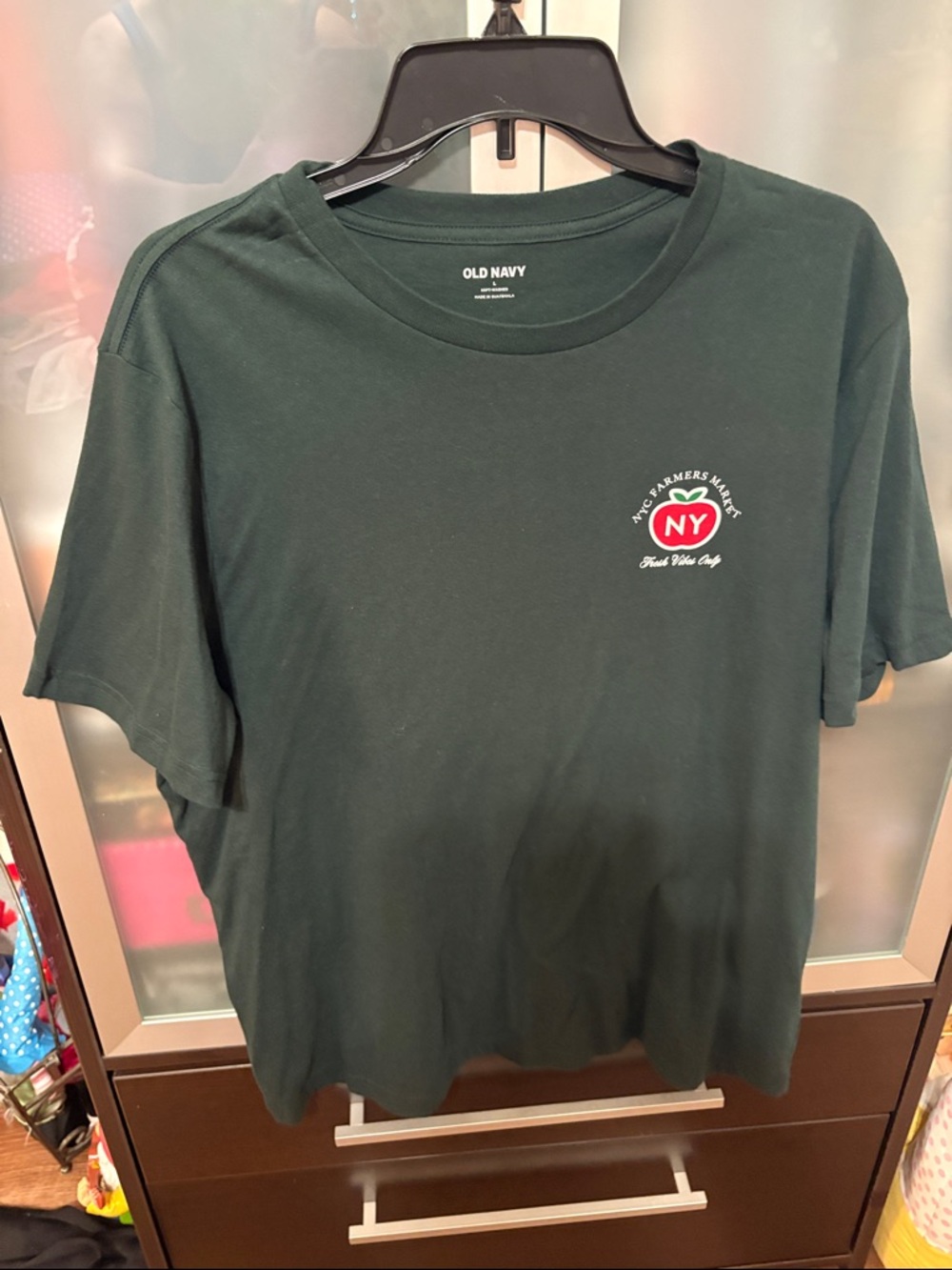 Old Navy Dark Green Tee with Red & White NY Apple Graphic